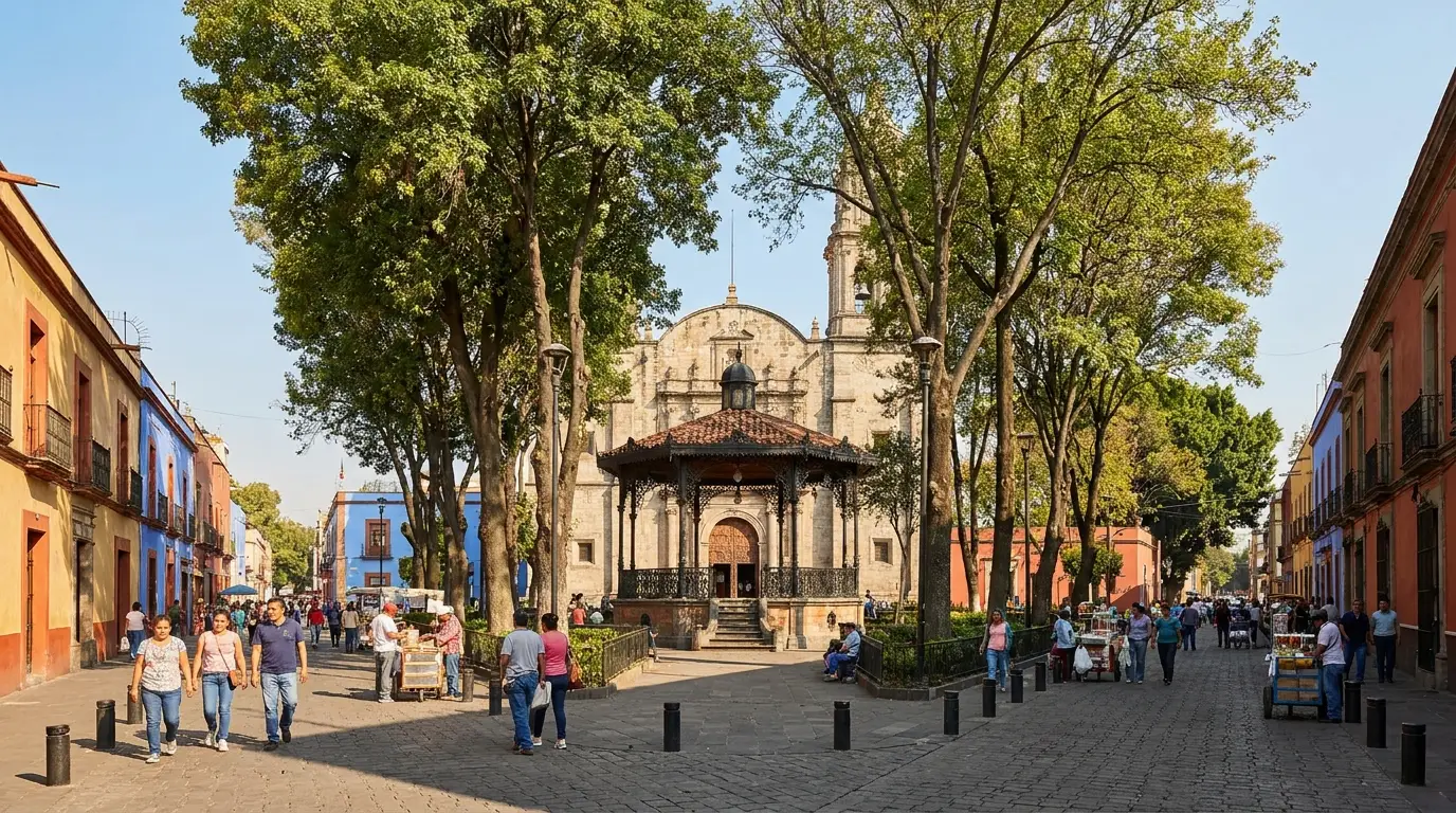 Centro histórico de Coyoacán con arquitectura colonial y jardines — Abogados de divorcio en Coyoacán, CDMX
