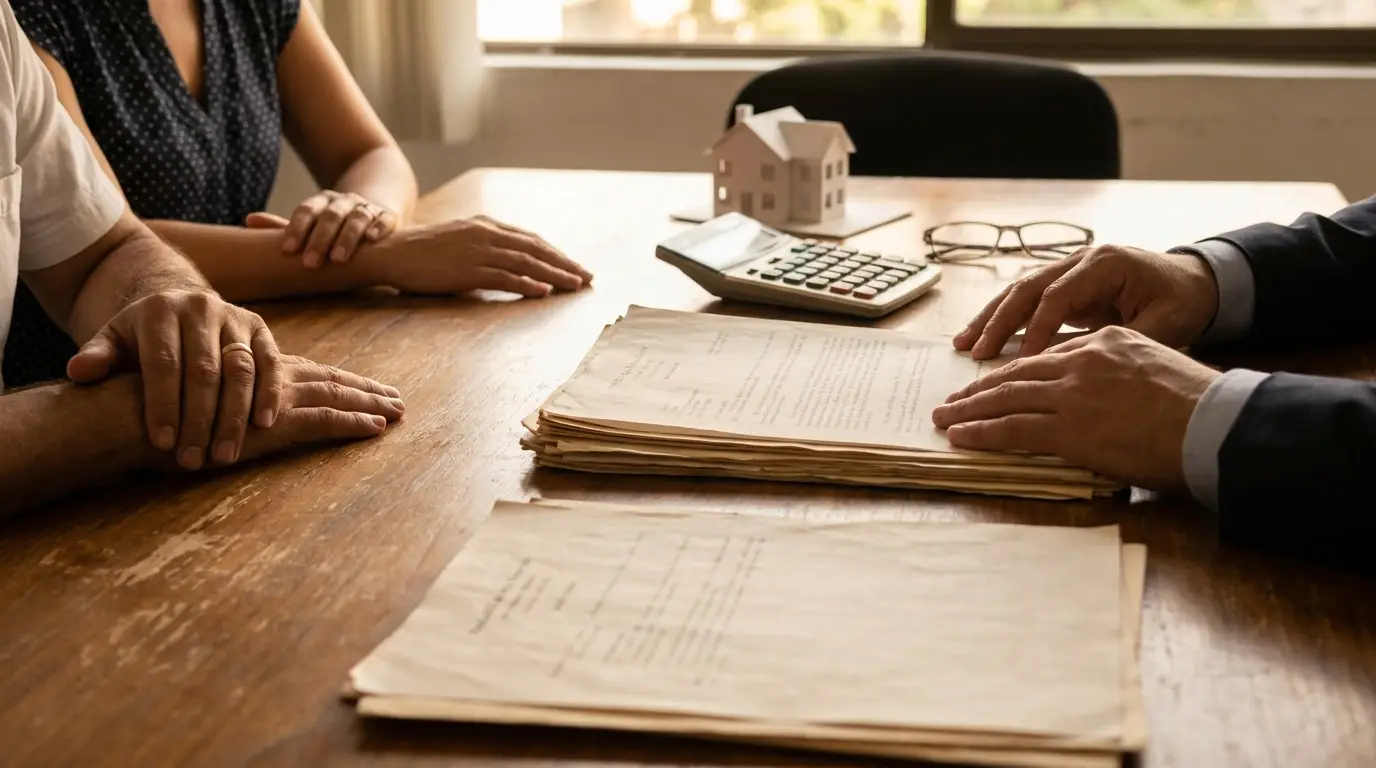 Pareja y abogado revisando escrituras y un avalúo durante la liquidación de la sociedad conyugal en un divorcio en CDMX
